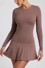 Modal Ruched Crew-Neck Mini Dress in Taupe