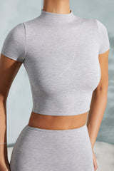 Contrast Stitch Turtleneck Crop Top in Marled Grey