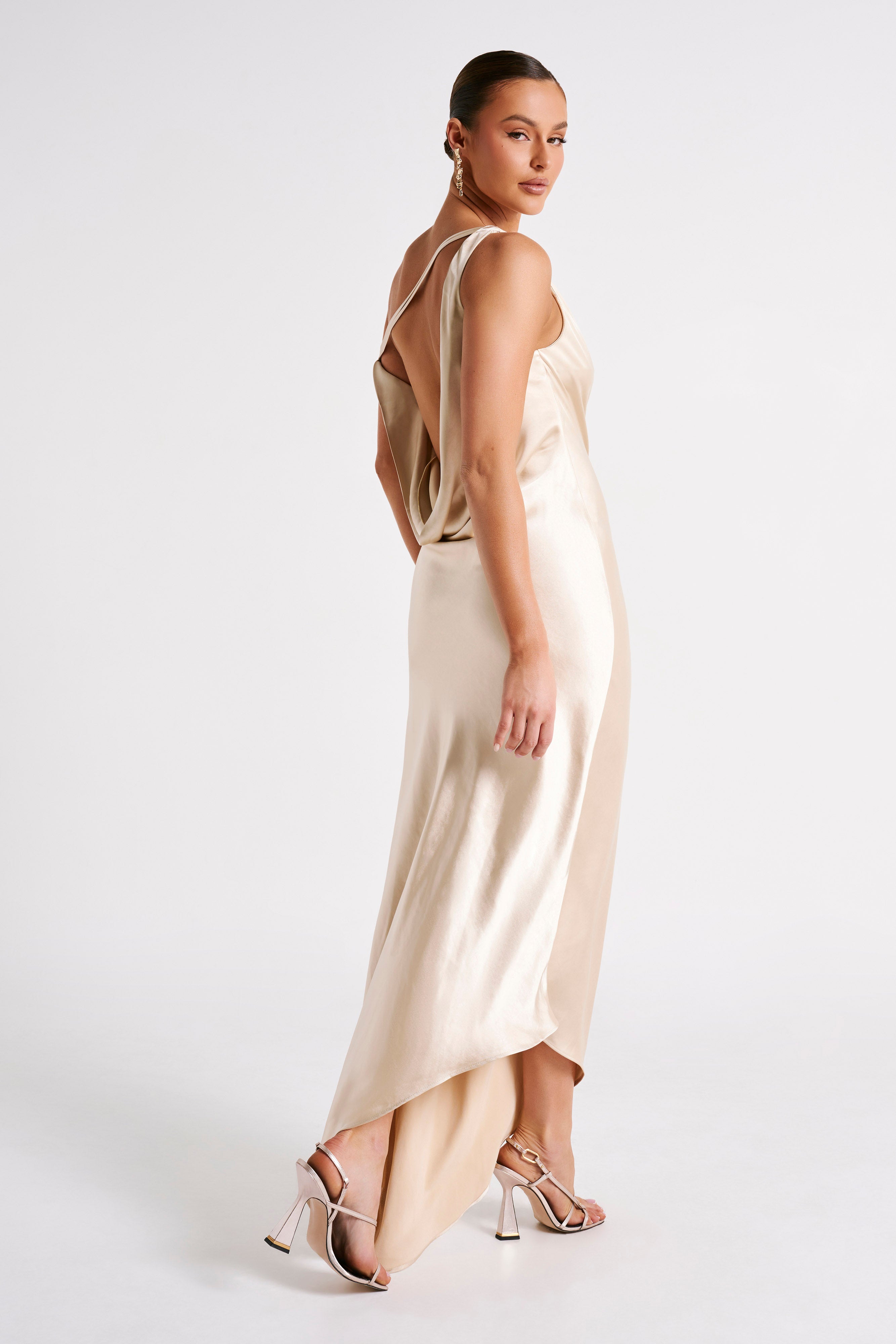 Yvette Slip Maxi Dress With Asymmetrical Hem - Gold