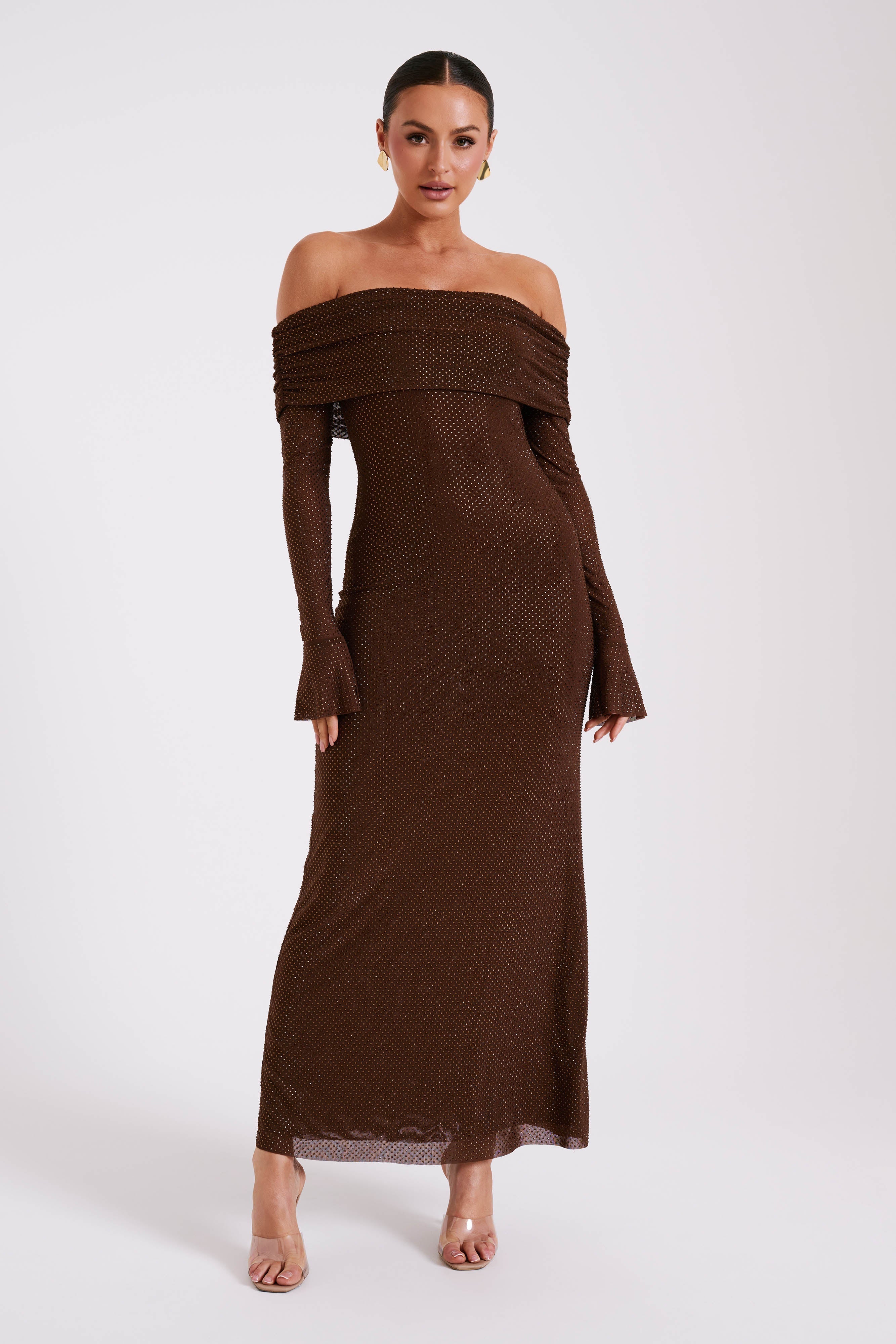 Marcel Off Shoulder Diamante Maxi Dress - Chocolate