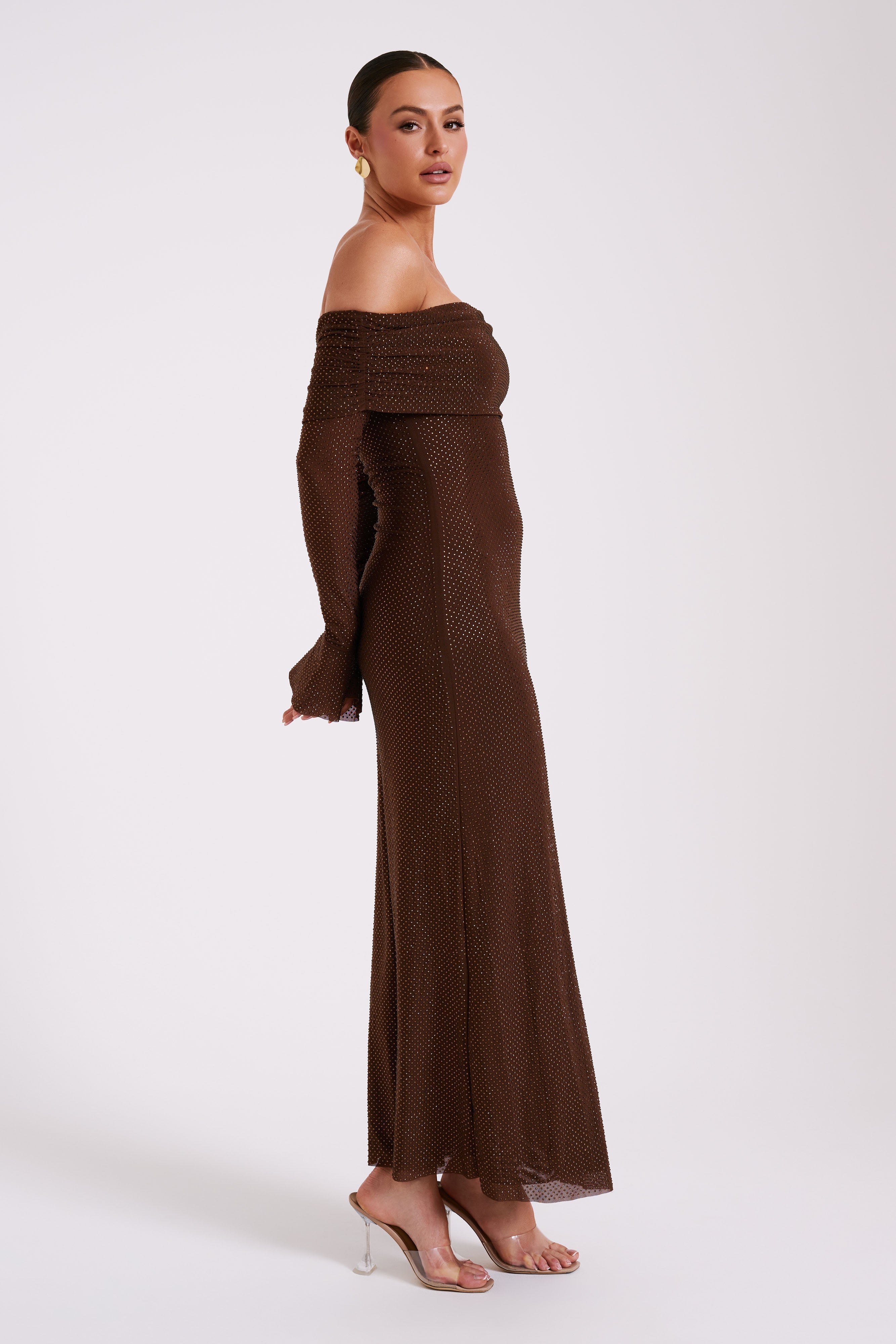 Marcel Off Shoulder Diamante Maxi Dress - Chocolate