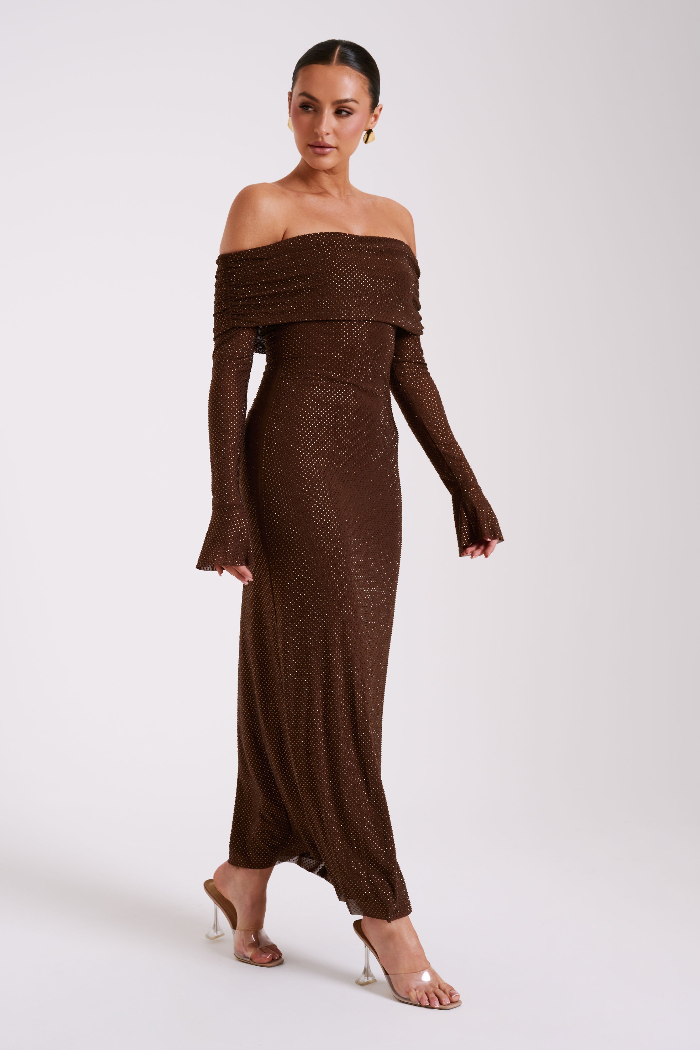 Marcel Off Shoulder Diamante Maxi Dress - Chocolate