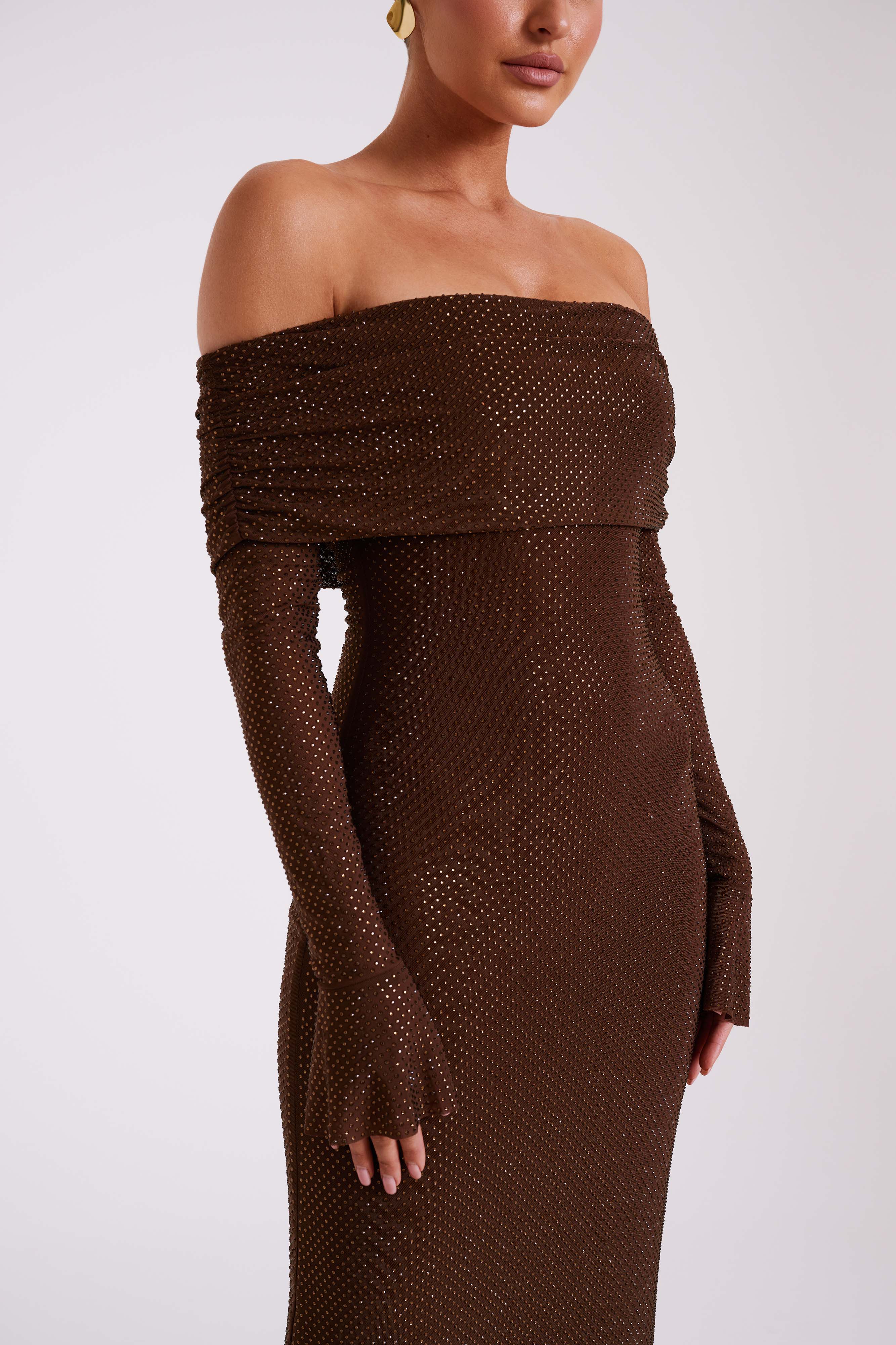 Marcel Off Shoulder Diamante Maxi Dress - Chocolate