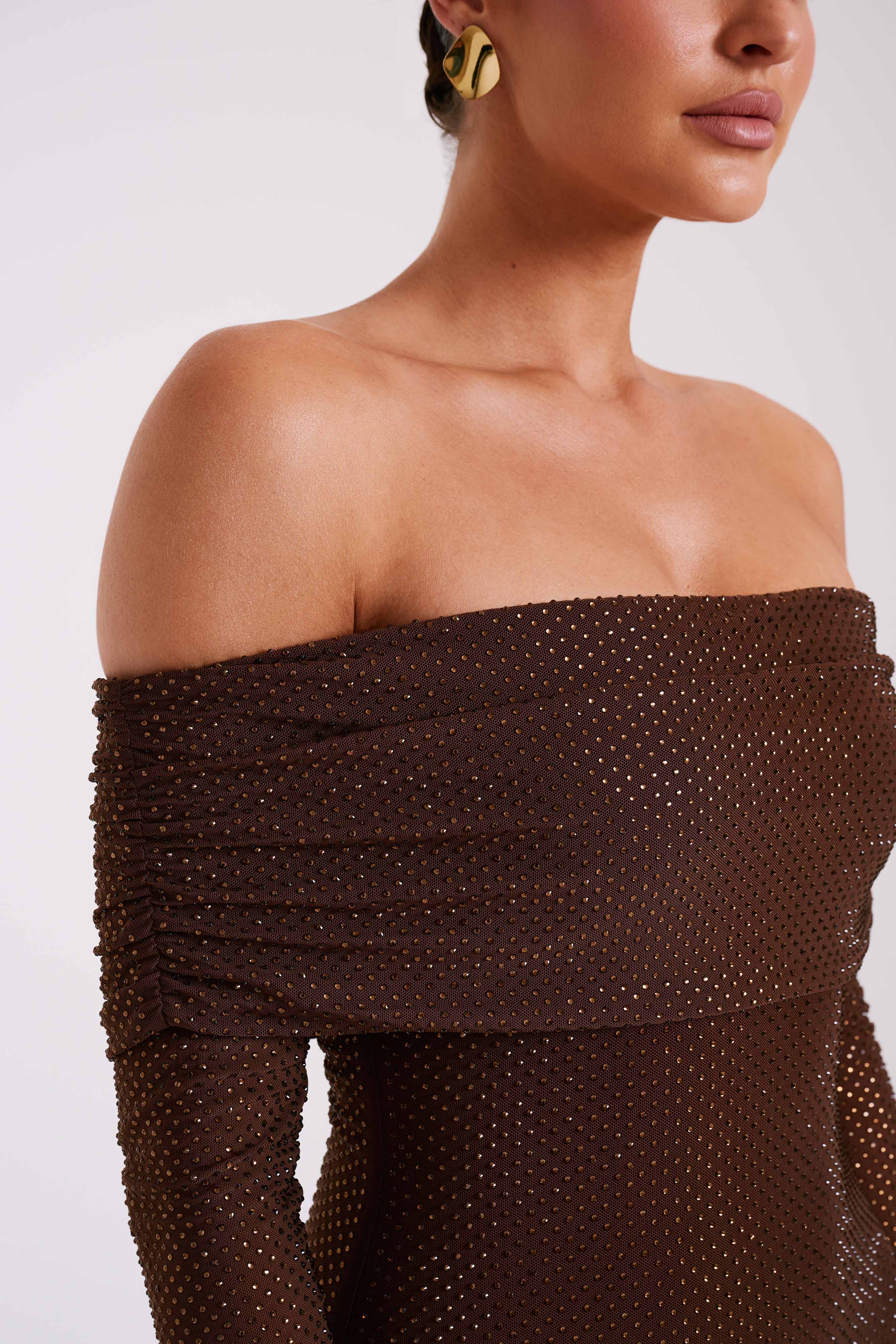 Marcel Off Shoulder Diamante Maxi Dress - Chocolate