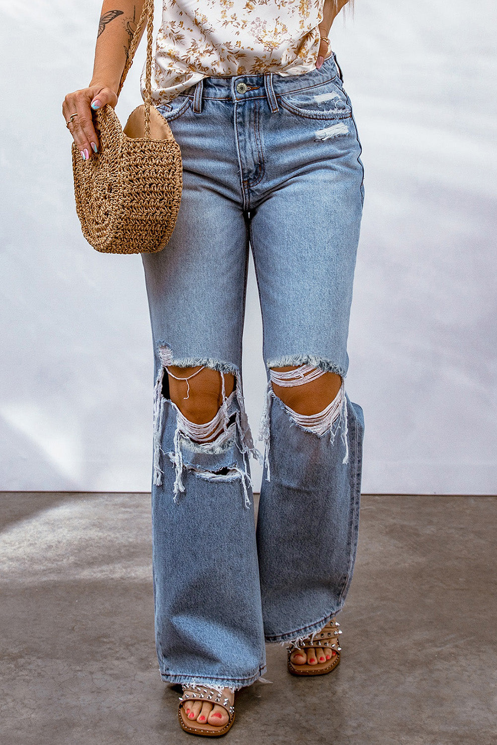 Destroyed Open Knee Wide Leg Jeans