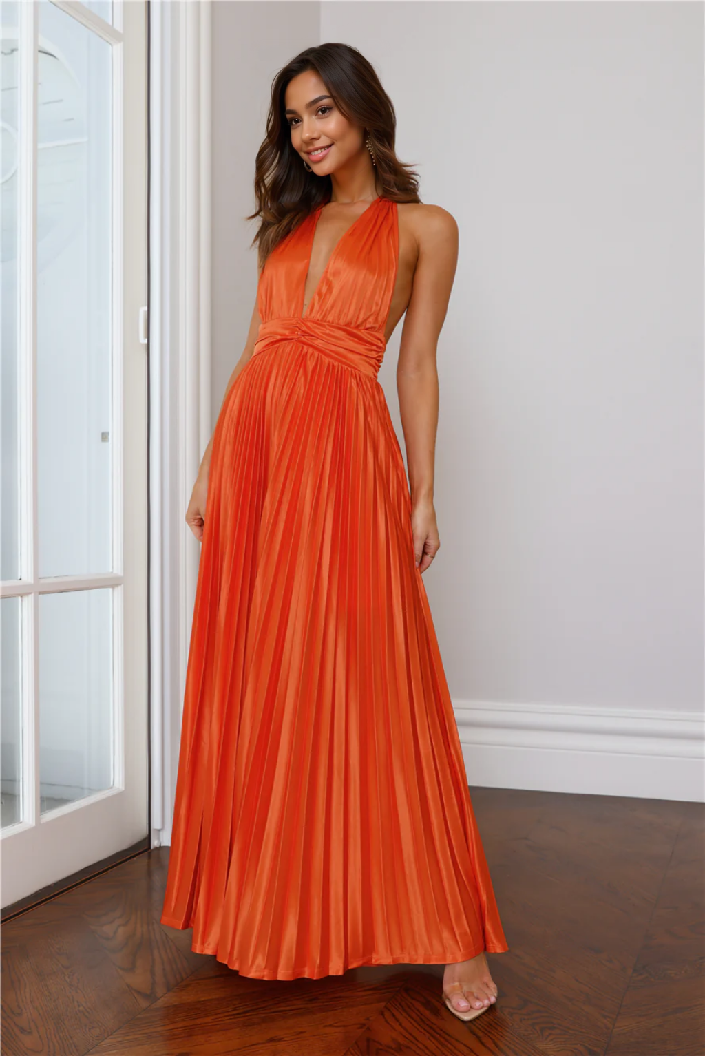 Shimmering Sea Pleated Halter Maxi Dress Orange