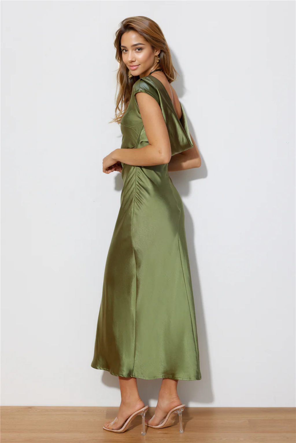 Faithful Nights Satin Midi Dress Olive