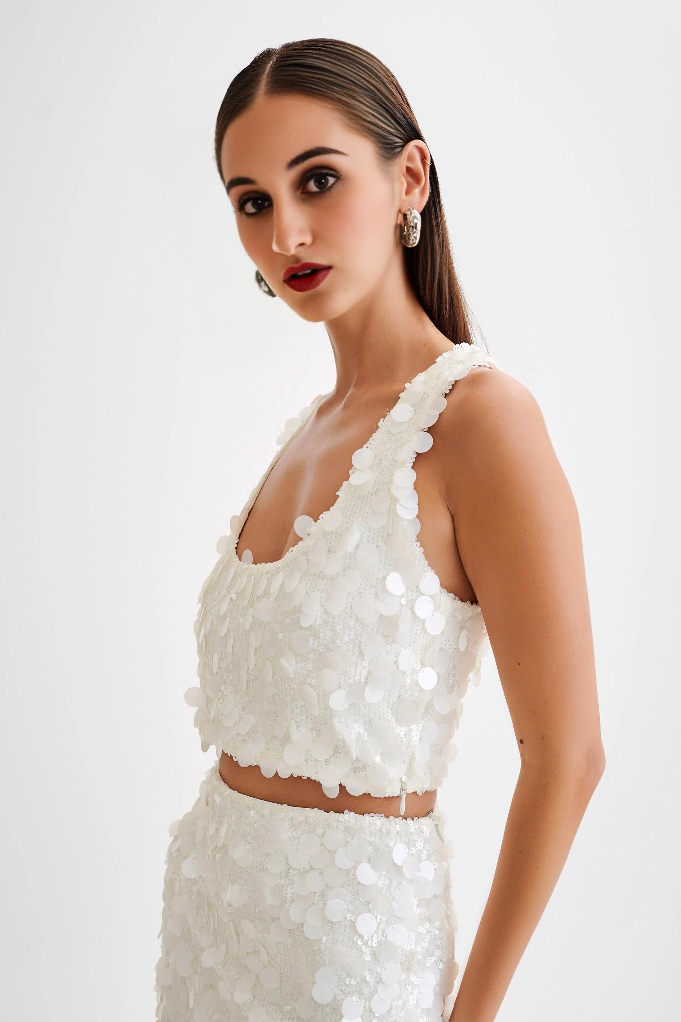 Maude Transparent Sequin Racer Crop Top - Ivory