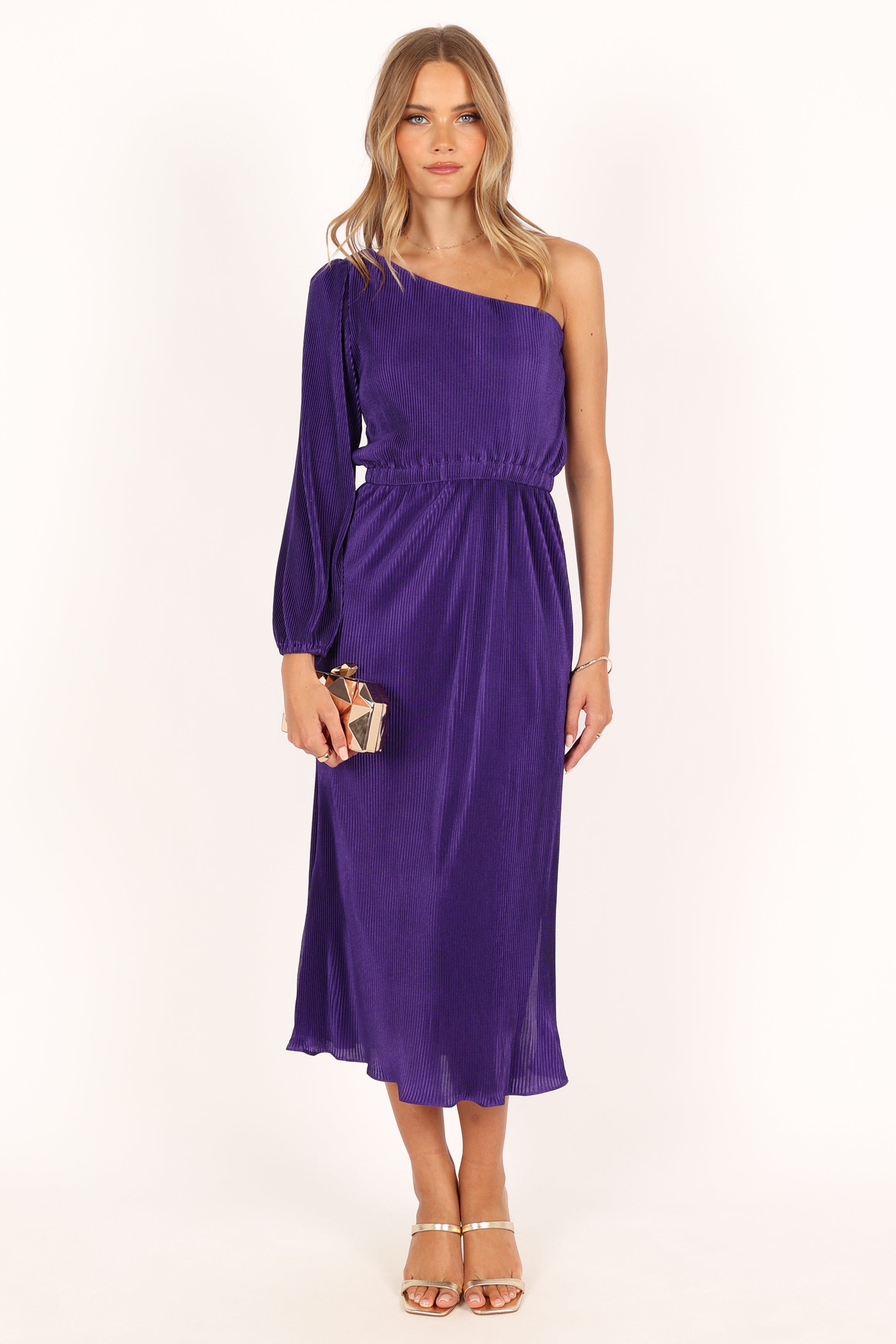 Petal and Pup USA DRESSES Pontee One Shoulder Pleated Midi Dress - Purple