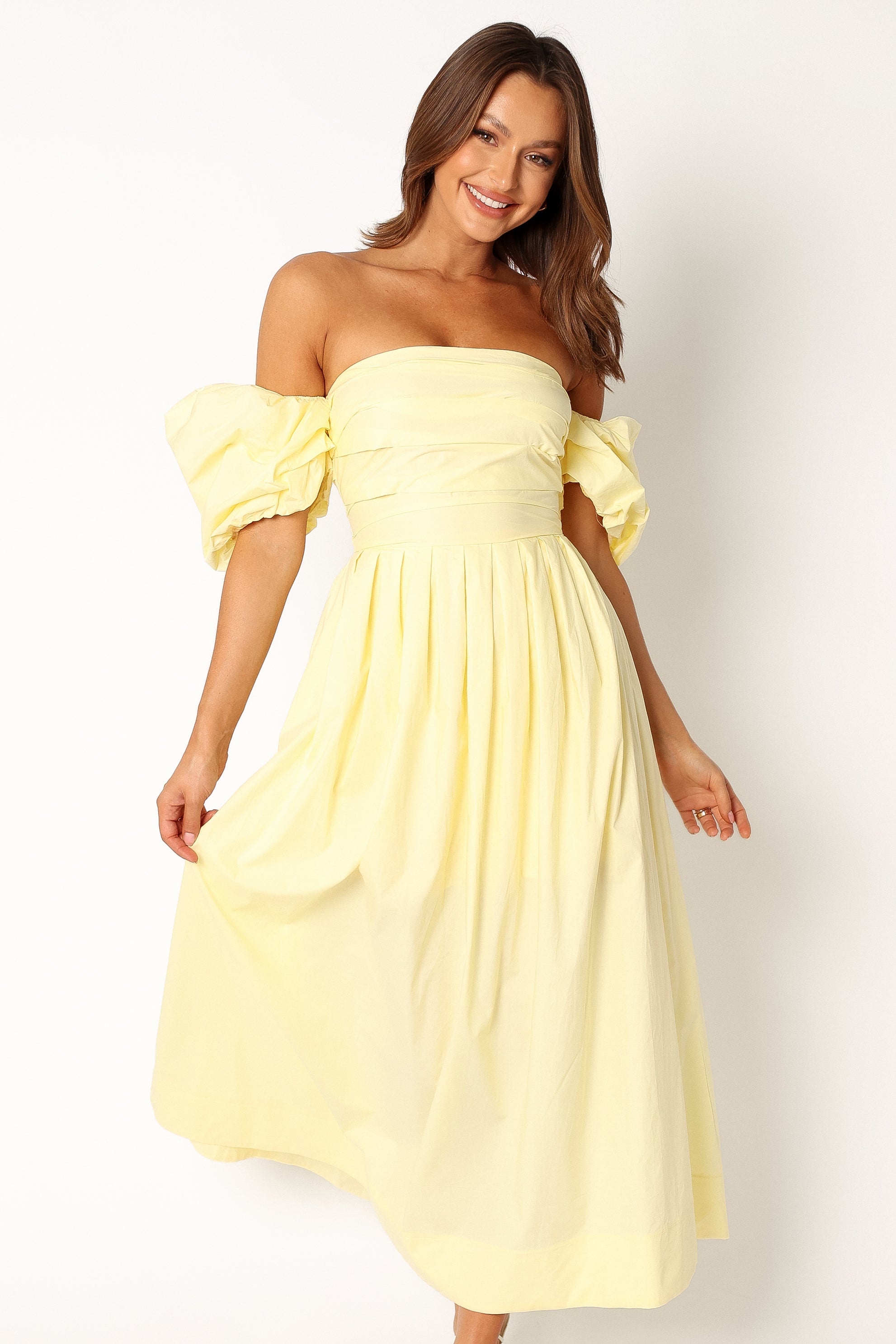 Petal and Pup USA DRESSES Solana Off Shoulder Midi Dress - Yellow