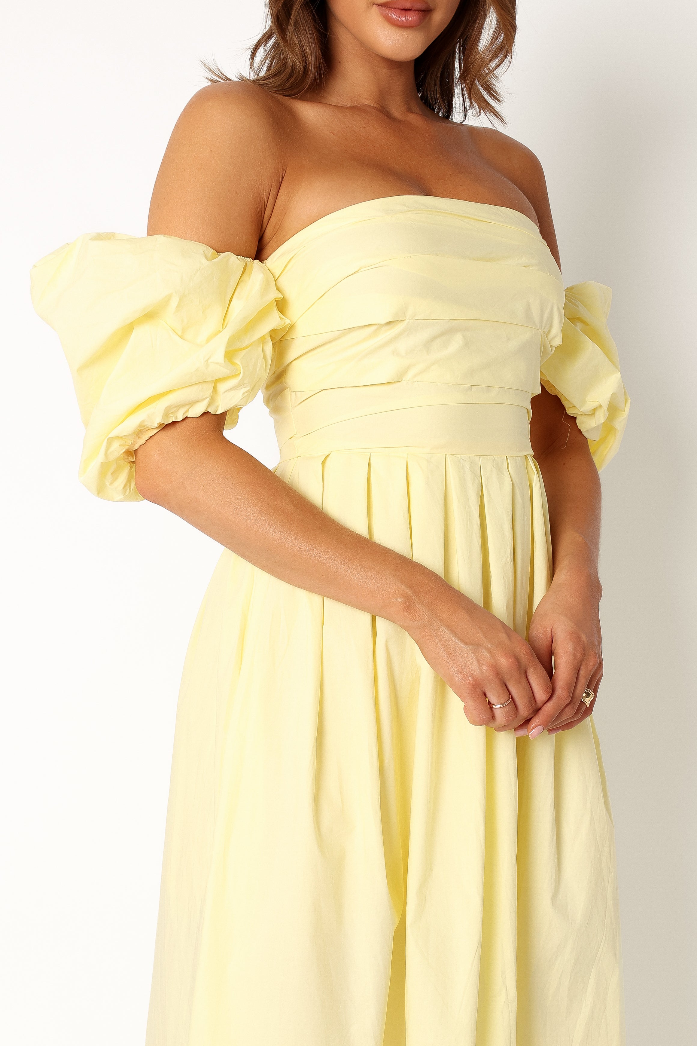 Petal and Pup USA DRESSES Solana Off Shoulder Midi Dress - Yellow