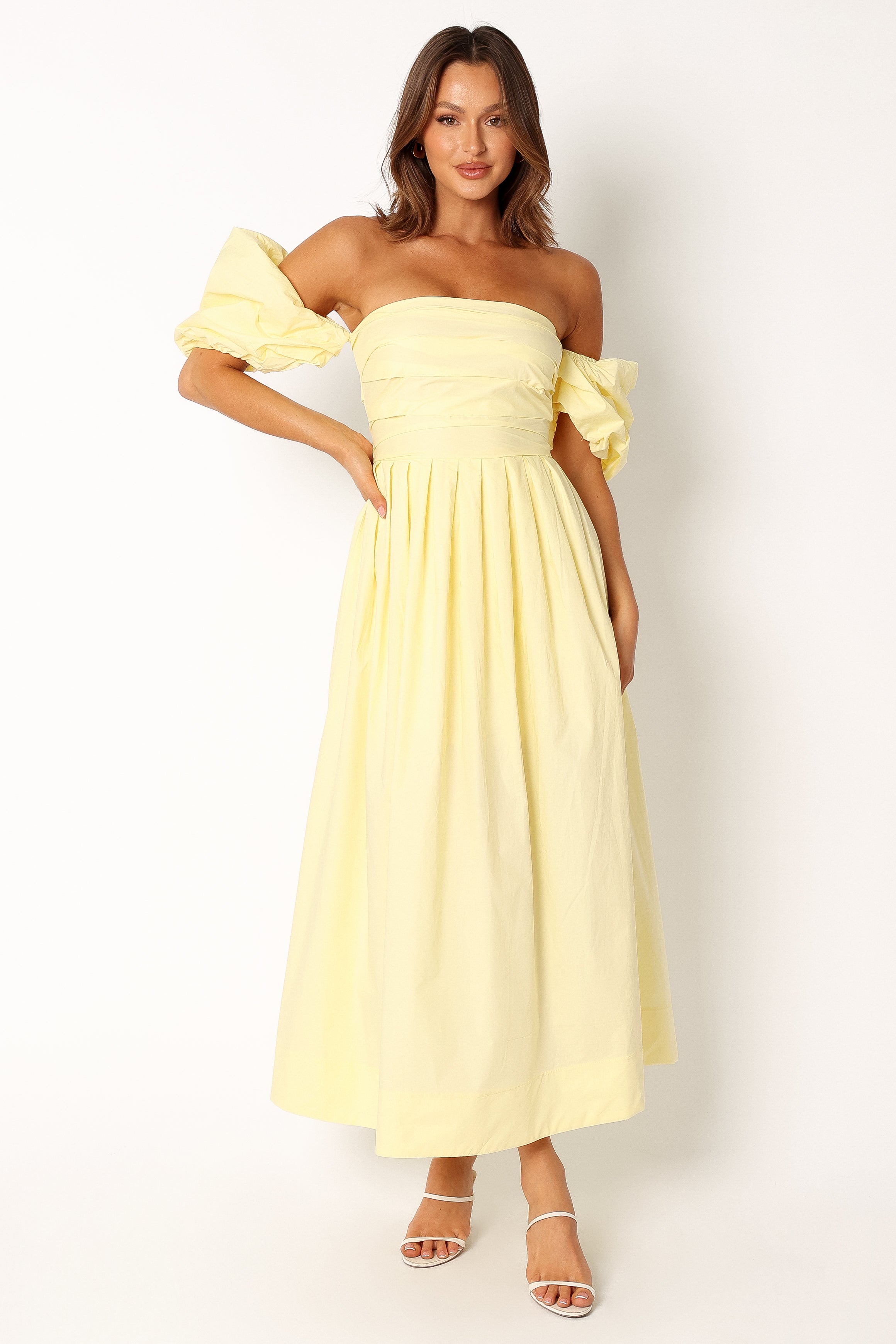 Petal and Pup USA DRESSES Solana Off Shoulder Midi Dress - Yellow