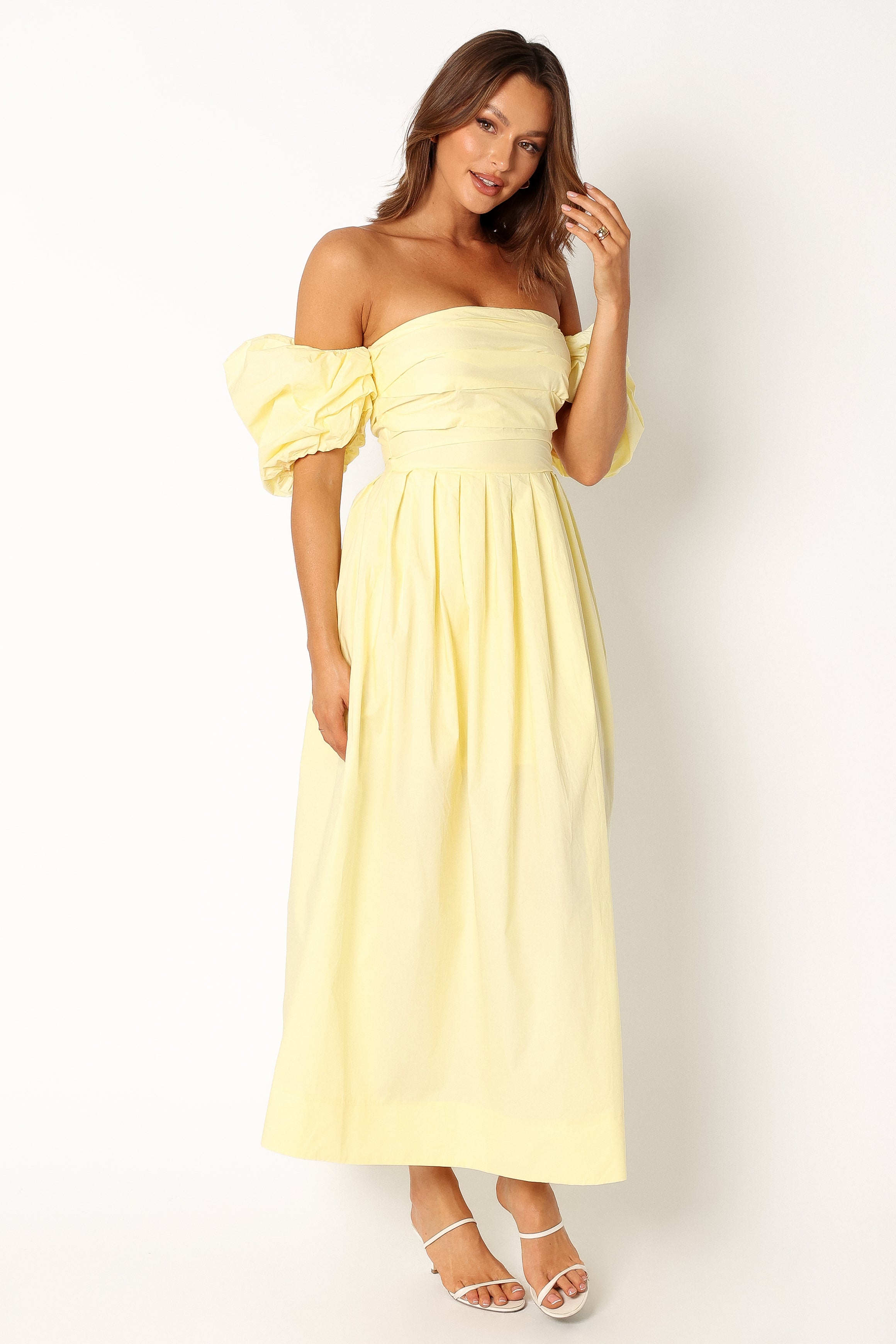 Petal and Pup USA DRESSES Solana Off Shoulder Midi Dress - Yellow