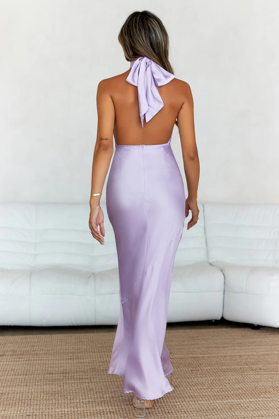 Pleased Satin Halter Maxi Dress Lilac