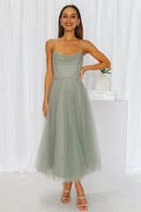 Signal My Way Tulle Midi Dress Sage