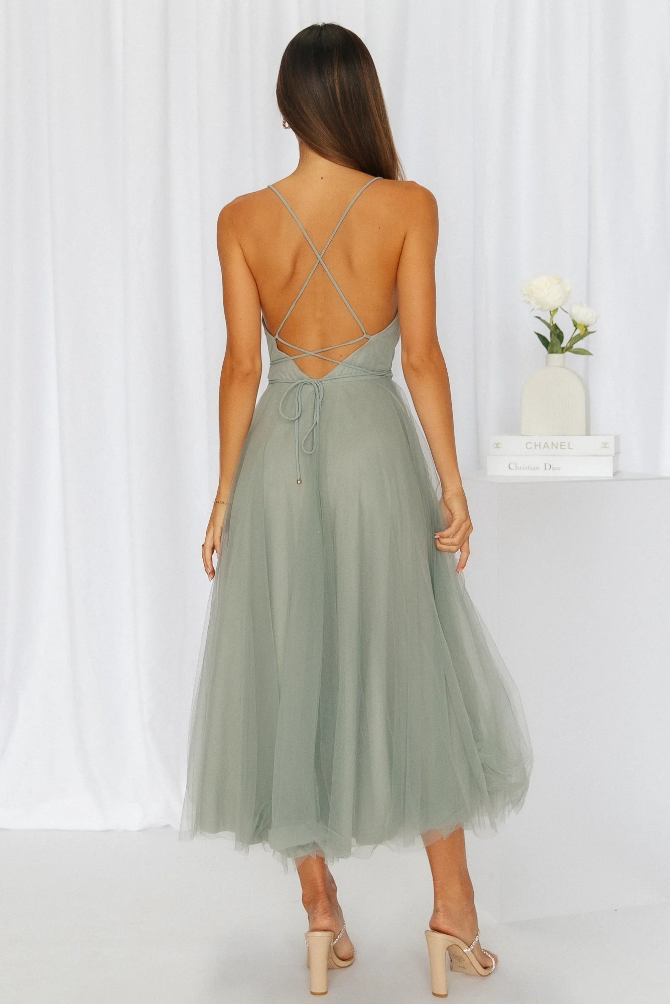 Signal My Way Tulle Midi Dress Sage