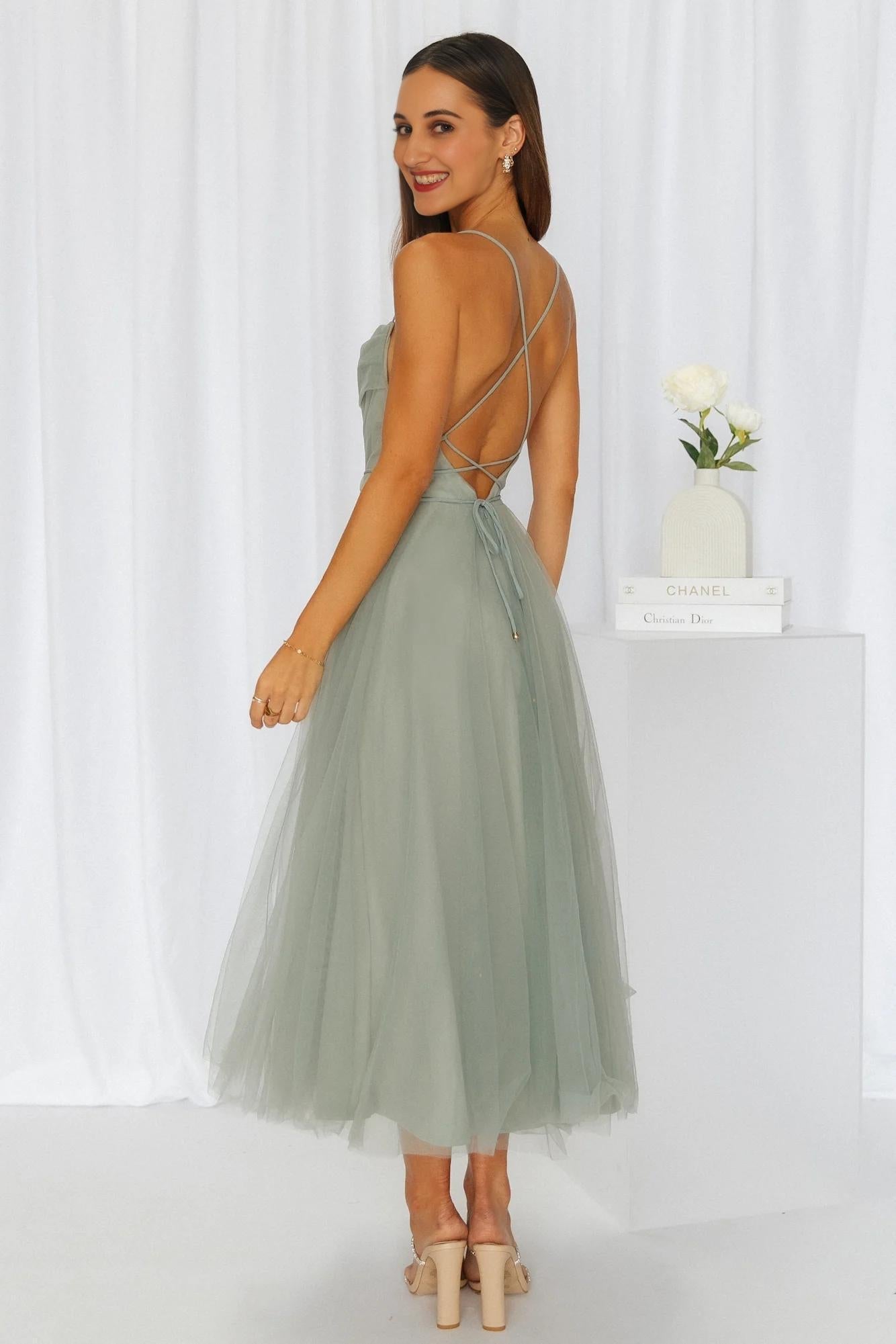 Signal My Way Tulle Midi Dress Sage